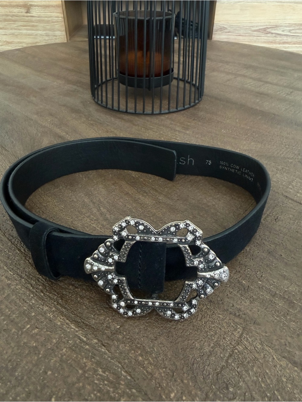 ba&sh Black Leather Belt with Ornate Silver-Tone Jeweled Buckle